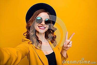 Close up photo beautiful funny funky she her toothy lady make take selfies show v-sign symbol vacation red pomade lips Stock Photo