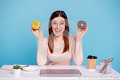 Close up photo beautiful she her foxy lady hand arm sweet bakery yummy sugary donut sprinkles plate diary flowerpot Stock Photo