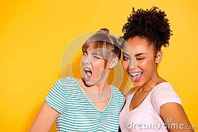 Close up photo beautiful she her lady blink eyes positive buddies fellows mouth opened excited different nationalities Stock Photo