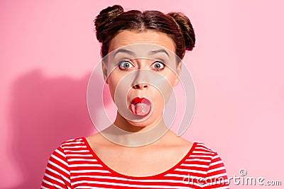 Close up photo beautiful she her lady pretty hairdo two buns bright pomade allure big lips tongue out mouth impolite Stock Photo