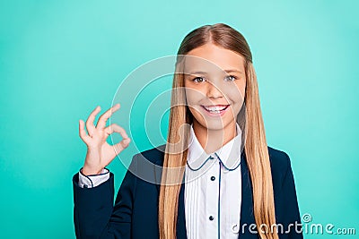 Close up photo beautiful she her little lady funky funny long hairstyle hand arm okey symbol approval quality news wear Stock Photo