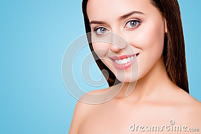 Close up photo of beautiful pretty charming nice looking woman with wonderful face, she has flawless clean pure skin and Stock Photo
