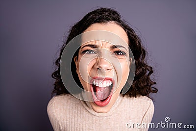 Close up photo beautiful wild she her lady yelling loud not fair situation roar I would kill you facial expression open Stock Photo