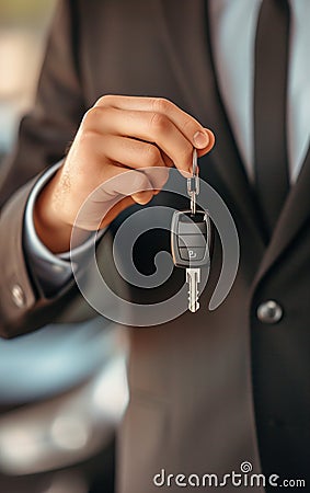 Close-up photo of a car salesman, in an elegant suit, holding the keys to the newly sold car Stock Photo