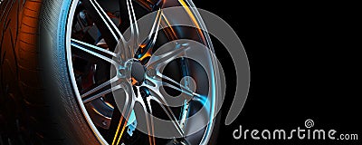 Close-up photo of a car wheel in the black background studio Cartoon Illustration