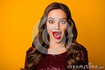 Close up photo of charming excited lady good mood ready students event festive party prom look mirror reflection wear Stock Photo