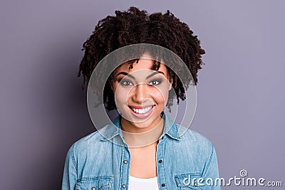 Close up photo of charming sweet pretty teen teenager feel glad enjoy free time weekend isolated wear denim modern Stock Photo