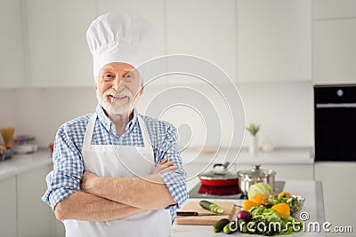 Close up photo cheer grey haired he his him grandpa hands arms crossed master class ready making favorite dish self Stock Photo