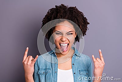 Close up photo of childish playful teen teenager millennial make faces enjoy free time holidays spring scream shout yell Stock Photo