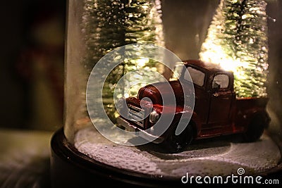 Christmas Snow Globe With Winter Trees & Vintage Truck Stock Photo