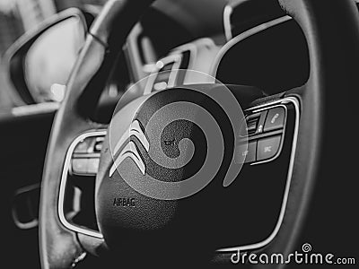 Close-up photo of a Citroen C5 aircross steering wheel Editorial Stock Photo
