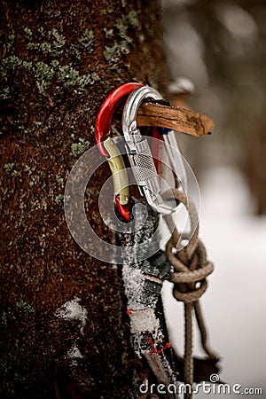 Close up photo of climbing equipment for a mountain trip or rescue Stock Photo