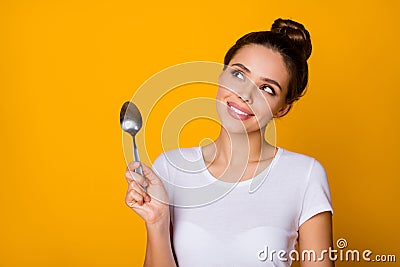 Close up photo curious girl hipster hold cutlery utensils look copyspace think thoughts dream restaurant meal cuisine Stock Photo
