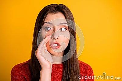 Close up photo of cute nice charming gorgeous girl telling you new important information silently over yellow Stock Photo