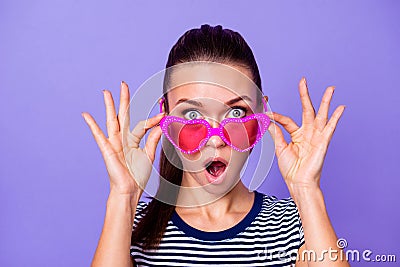 Close up photo disappointed upset lady youngster touch specs bright scream astonished impressed horrible information Stock Photo