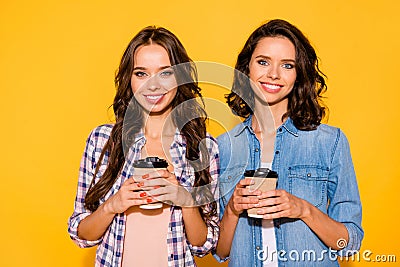 Close up photo dream dreamy charming ladies have take away take out cafe weekends free time holidays summer content Stock Photo