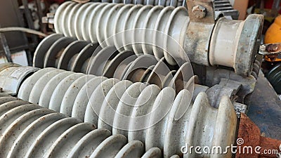 Close up photo of an electrical component called an Arrester which is neatly stacked. No people. selective focus Stock Photo