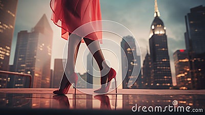 Close-up photo of feet. Pink shoes and pink skirt on a blurred city background. Stock Photo