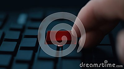 Close up photo of finger poised to press large red delete key. Action of removing data. User pressing key conveys urgency, Stock Photo