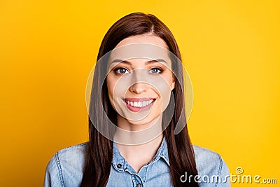 Close up photo of friendly optimistic nice girl look in camera enjoy summer weekend wear denim jeans shirt isolated over Stock Photo