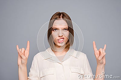 Close up photo funky amazing she her lady facial expression impolite childish rocker sign symbol visit favorite group Stock Photo