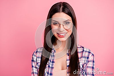 Close up photo funky beautiful her she lady look sincerely kindhearted show white teeth long brown hair lying shoulders Stock Photo