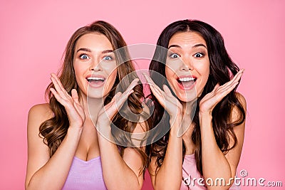 Close up photo funky cute charming ladies impressed astonished incredible bargain black friday reaction dressed modern Stock Photo