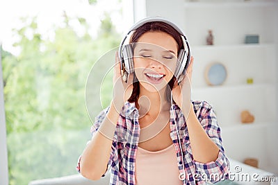 Close up photo funny funky cute student head phone sound track hear single rock close eyes rejoice content positive Stock Photo