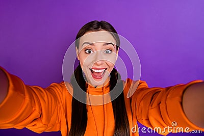 Close up photo of funny funky youngster girl enjoy holidays feel rejoice take selfie wear modern hipster sport clothes Stock Photo
