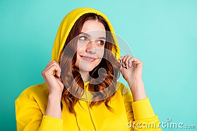 Close up photo of gorgeous attracive peaceful girlfriend looking adoring at empty space isolated over teal vivid color Stock Photo