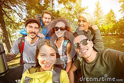 Close up photo of group of youngsters in nature Stock Photo