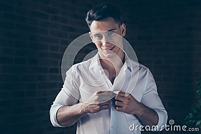 Close up photo handsome amazing he him his self-confident tempting appearance calm peaceful not smiling reliable person Stock Photo
