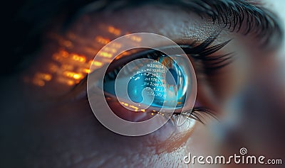 Close up photo of a human eyeball with reflected LCD screen symbols on the Cornea surface. Vision health, Ophthalmology, modern Stock Photo