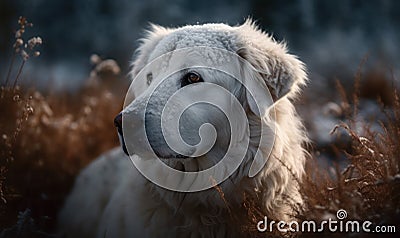 close up photo of kuvasz dog on blurry outdoors background. Generative AI Stock Photo