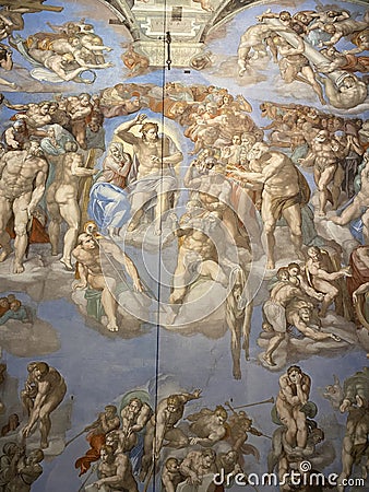 Close-up photo of The Last Judgment ceiling fresco painting by Michelangelo in the Sistine Chapel Editorial Stock Photo