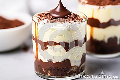 close-up photo of layered chocolate and vanilla pudding Stock Photo