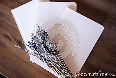 Close-up photo of light pink scheduler notebook on a wooden table with lavender. Stock Photo