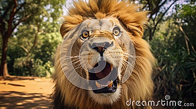 Surprised Lion With Wide Open Mouth Stock Photo