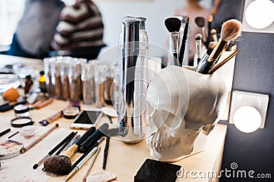 Close-up photo of make-up brushes, eyeshadows, powder in beauty Stock Photo