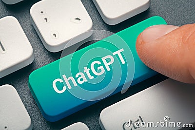 Close up photo of man's finger pressing ChatGPT computer key on keyboard. ChatGPT chat with AI or artificial intelligence. Editorial Stock Photo