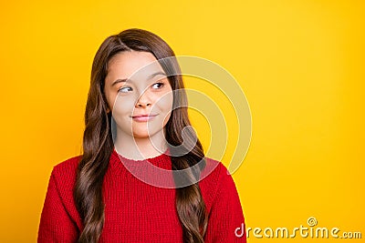 Close up photo of minded interested cunning sly model kid look stare think tricks naughty child concept wear good look Stock Photo