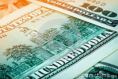 American currency. Close-up of one hundred dollar bills. Paper banknotes. Stock Photo
