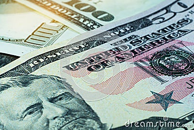 Close-up of large dollar bills. American currency Stock Photo