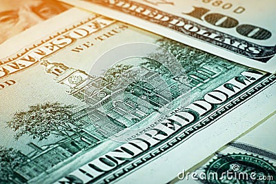 Close-up of large dollar bills. American currency Stock Photo