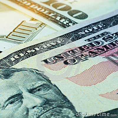 Close-up of large dollar bills. American currency Stock Photo