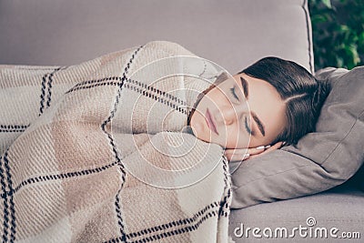 Close up photo of peaceful girl student cover plaid checkered warm blanket sleep relax on corona virus quarantine lie Stock Photo