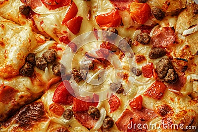 Close up photo of pizza topping in horizontal orientation Stock Photo