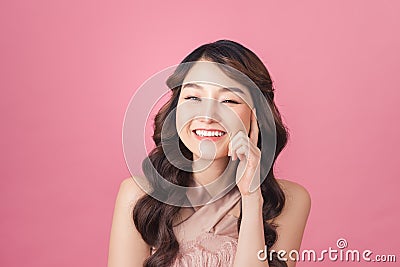 Close-up photo portrait of nice sweet lovely dream dreamy with whit teeth smile Stock Photo