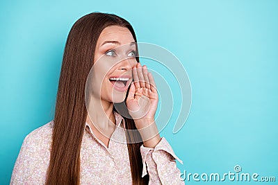 Close up photo of pretty lady speak shout empty space share good news black friday sale low price on aquamarine Stock Photo