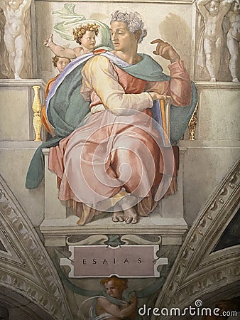 Close-up photo of The Prophet Isaiah ceiling fresco painting by Michelangelo in the Sistine Chapel Editorial Stock Photo